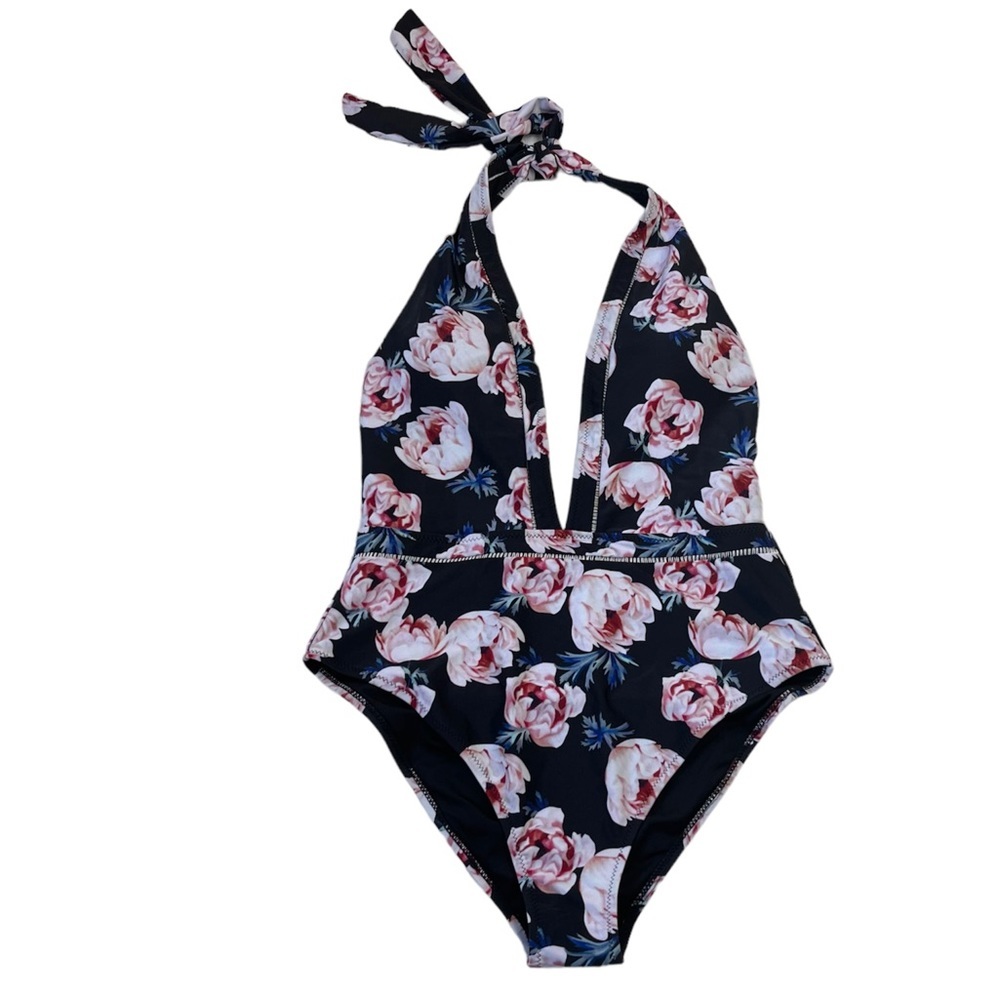Cupshe black floral deep cut halter one piece swimsuit Size M